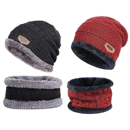 Mr. Cap 2 Pairs Men's & Women's Snow Proof Inside Fur Warm Woolen Cap with Neck Muffler Neck Warmer Scarf for Winter Free Size Unisex Beanie Cap with Neck Warmer (Pack of 2)-Black Red