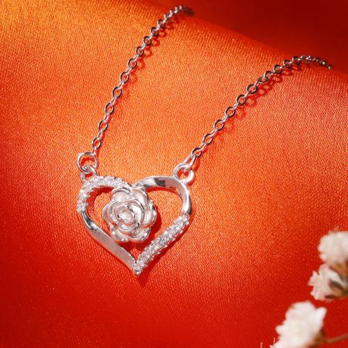 DEESSA Sterling Silver Heart n Rose Necklace Pendant - Silver Color with White Cubic Zirconia, 925 Sterling Silver, Nickle Free, Rhodium Plated - Perfect Gift for Special Occasions