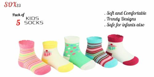 SOX 23 Premium Combed Cotton Baby Socks: Soft, Cute, and New Designs for Girls with Vibrant Colors and New Patterns- Multicolor- Pack of 5 (6-9 Months)