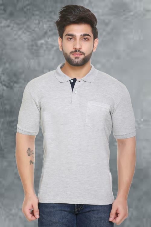 Topluck Grey Men Solid Cotton Blend Polo T-shirt