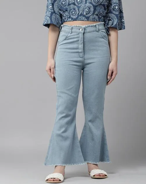 Muhuratam Womens Blue Colour Solid Bell Bottom Jeans