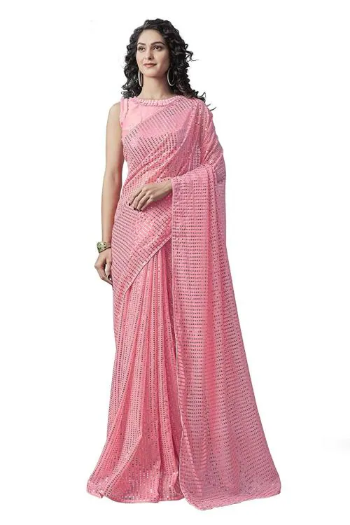 Thishma Women Peach Sequence Work Pure Georgette Saree with Blouse Piece