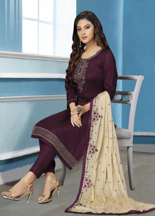 Sarvayog Fashion Women Purple Embroidered Satin Dress Material
