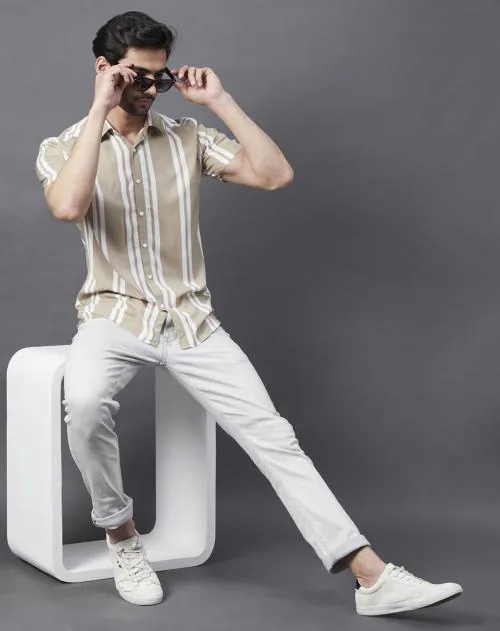 Rigo Men Vertical Stripe Half Sleeve Rayon Shirt