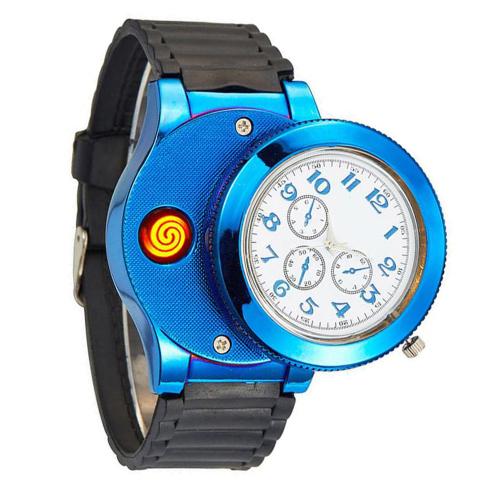 Gabbar Multi-Functional 2 in 1 Analog Men Wrist Watch Cigarette Rechargeable Lighter | Black Blue