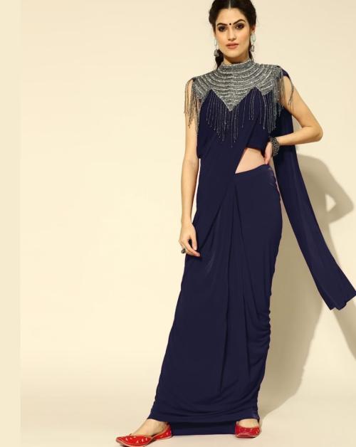 Chhabra 555 Ruffled Pre-Draped Ready to Wear Saree with Tribal Embellished Necklace with Tassles