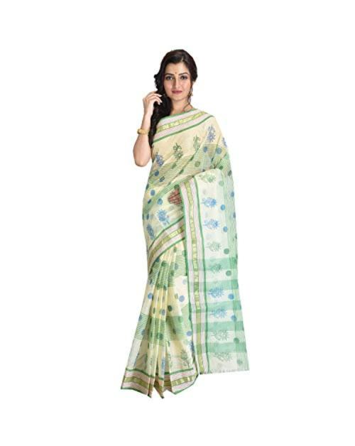 Raj Sarees Women's Baluchari Cotton Saree Without Blouse Piece (RSH-607-01_Off-White & Green)