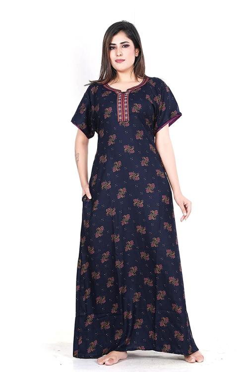 Kavanng Women's Premium Alpine Nighty - Crafted with Softness and Comfort of Specialized Rich Fabric, Stylish Neckline with Flower Design and Full Length Pocket Nighty (L, Blue)