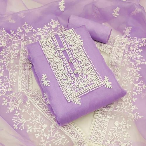 Kritva Fashion Women's Organza Silk Embroidery Work Unstitched Salwar Suit Dress Material (LAVENDER)