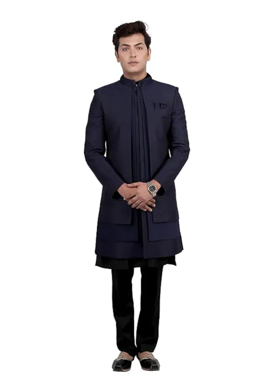 REBELLO The Complete Fashion Men's Royal 4 Pcs Indo Western Set - Includes Indo Western, Kurta, Polo Pant, and a Pocket Square||Size-44||Color-Navy Blue
