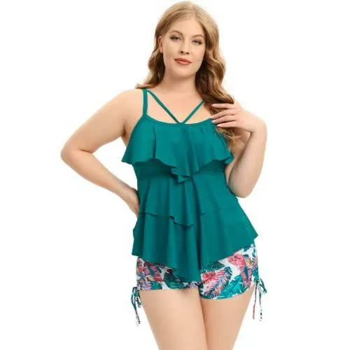 Plus Curvves Plus Size Floral Print Green Layered Strappy High Waisted Swimsuit - 4XL Size