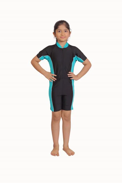 Aashray Boys & Girls Kids Unisex 4 Way Lycra Multi Purpose Swimsuit(black/teal)