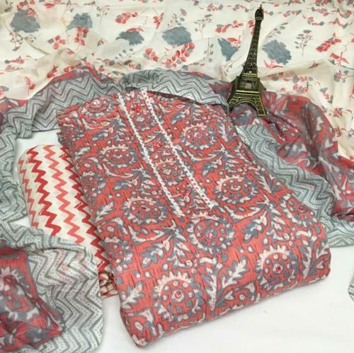 Yours N Hers Stylish Jaipuri Printed Premium Quality Rayon-Cotton Suit with Mul Cotton Dupatta Coral
