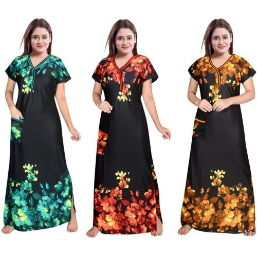 Pursa Multicolor Sarina Floral Nighty Set, Free Size (Pack of 3)