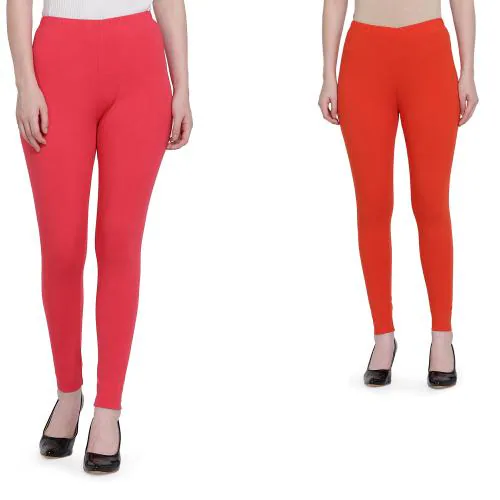 SPIFFY Cotton Spandex Full Length Leggings-Combo Pack of 2 FLAME & HOT PINK