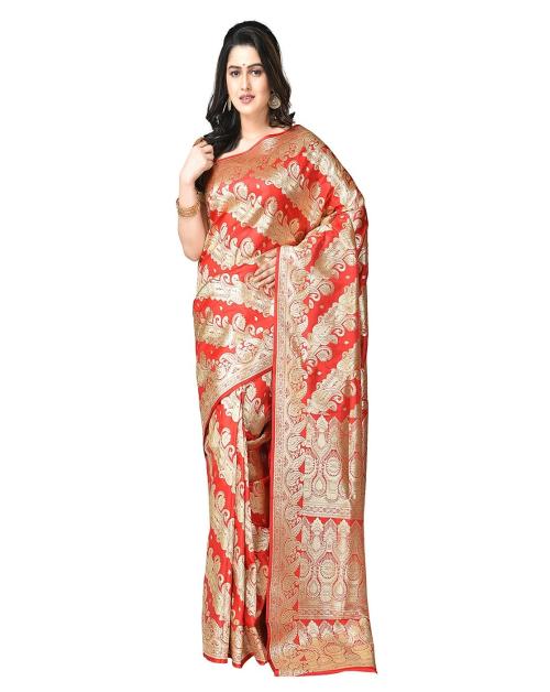 Naeusa Designer Banarasi Satin Silk Saree Heavy Ara Work (Red) Colour with Blouse for Womens