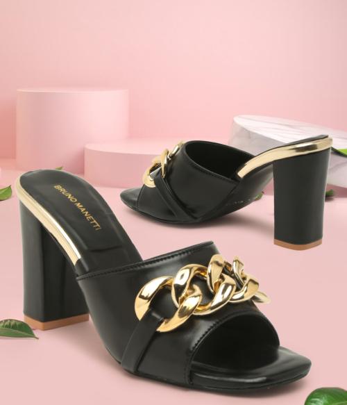 Bruno Manetti women's Black Slipon Back Open Upper Golden Chain Heel Sandal