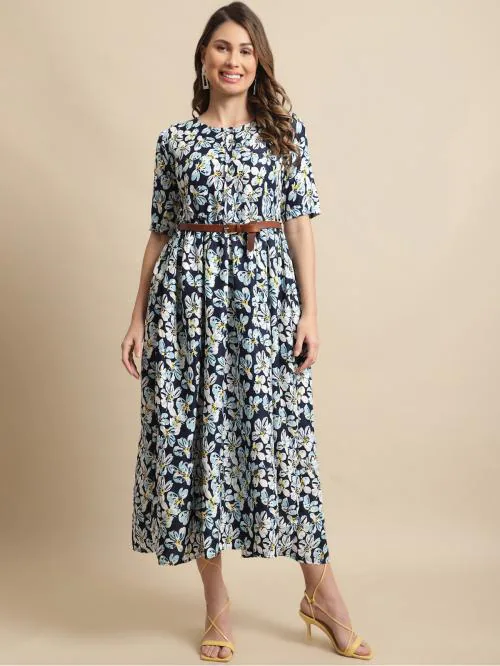 Fabflee Women Multicolor Printed Rayon A-line Dress| Dresses| Women Dress| Party Dress| Maxi| Western Dress| Printed Gown| midi dresses| Dress for Women| Maxi Dress for women