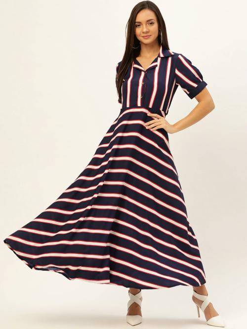 U&F Women Blue Stripes Crepe Single Dress