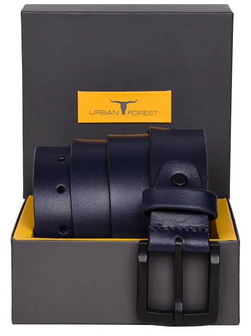Urban Forest Smooth Dark Blue Casual Leather Belt with Matte Black Buckle for Men