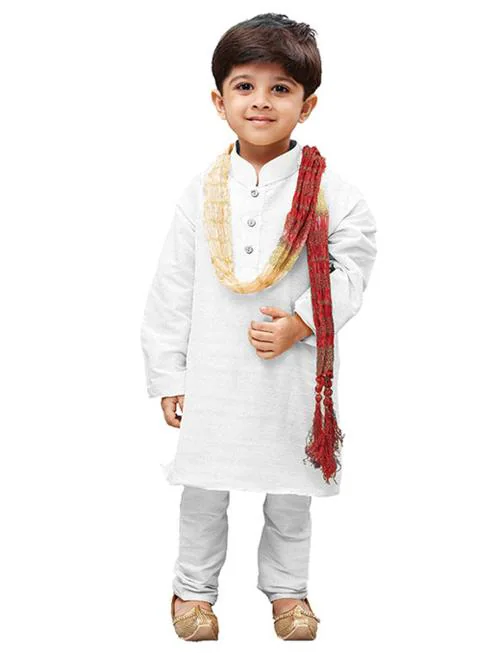 Vastramay Boys' White Pure Cotton Kurta, Pyjama & Dupatta Set