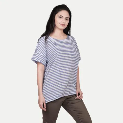 Rad Prix Women Blue Striped Linen Top