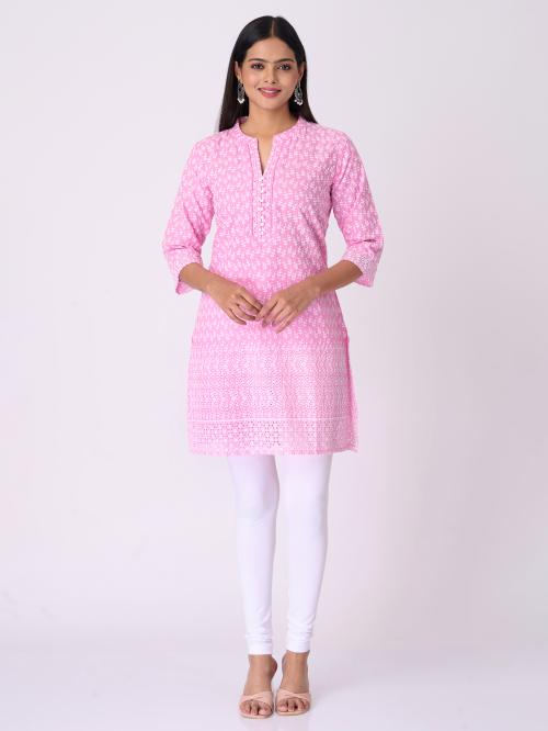 Anora Cotton Solid Baby Pink Tiny Creeper All over Chikankari Embroidery Design Straight cut Kurti for Women (Baby Pink, 5XL)