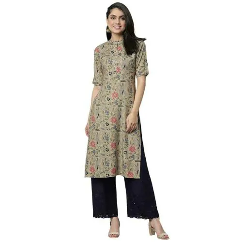 Roy Cart Rayon Silk Kurti For Women Floral Printed Work Kurtis A-Line Kurtis Beige-XL