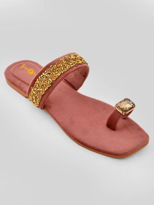 glamZkart Peach Embellished Suede One-Toe Classic Flats ( Sandals for Women)