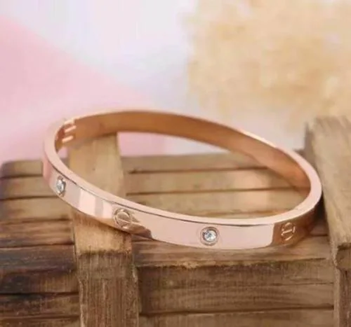 DEEPSUNG(D.S) Stainless Steel Gold Toned Love Band Bracelet Anti Tarnish Cubic Zirconia Studded Bangles Kada Latest Stylish-A12