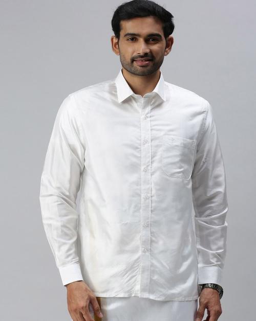 RAMRAJ Men's White Solid Silk Full-length Sleeve Shirt