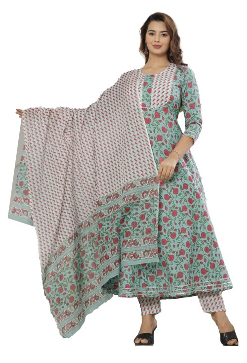 Clickedia Womens Fully Stitched Cotton Printed A-Line Kurti with Gotta Patti , Lace and Cotton Dupatta with Pants Jaipuri Salwar Suit