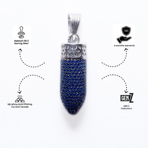 Versavia Stylish 1.925 Sterling Royal Blue Bullet Silver Pendant | Anti Tarnish 2.18k White Gold Plating Pendant | Perfetc Gift For Man 30 mm x 12 mm