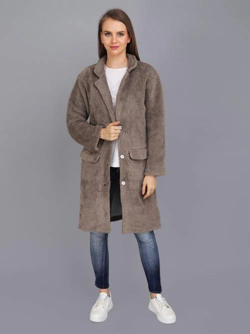 Charcol solid tailored Long jacket, has a stand collar,has a button closure, three-quarter sleeves, straight hemline, with lining and Flap Pockets