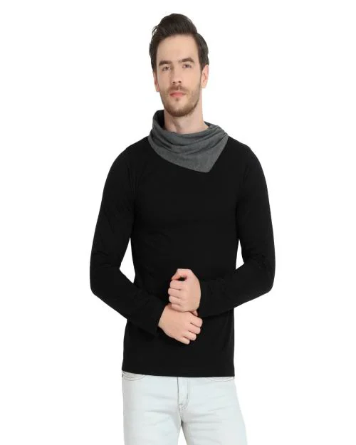 GLITO Solid Men Cowl Neck Black T-Shirt