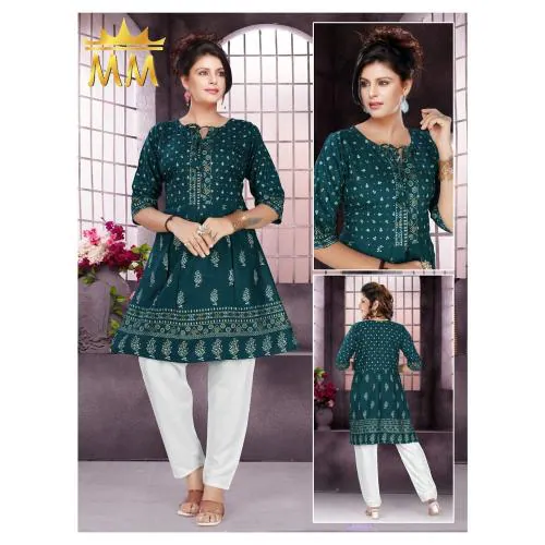 FV9 Blue Printed Straight Rayon Oversize Kurti for Women With Pant