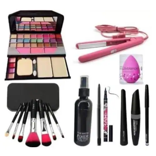 Pink Spirit cosmetics 6155 Makeup Kit and 7 Black Makeup Brushes, Matte Fixer, Primer, Contour, Foundation, 3in1 Eyeliners Combo, Kajal 36H Eyeliner/Mini Flat Iron Straightens with spounge