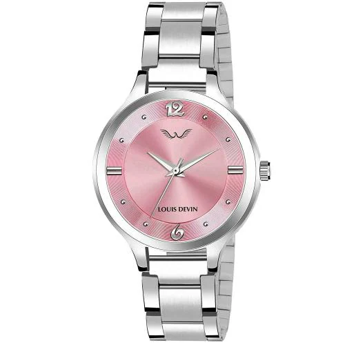 LOUIS DEVIN Analog Pink Dial Silver Stainless Steel Chain Starp Wrist Watches for Women (LD-L158-PNK)
