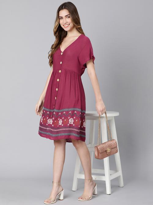 Oxolloxo Wander maroon printed button-down women dress