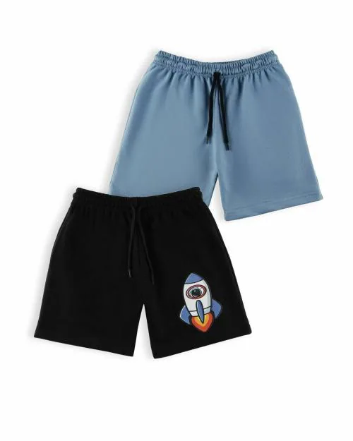Ninos Dreams Boys Cotton Solid Shorts Set of 2 Pair - Blue and Black