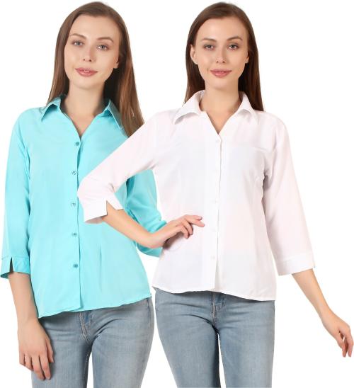 HUNOOR Womens Light Green Solid Crepe Pack of 2 Formal Shirt l women shirt l casual shirt for women