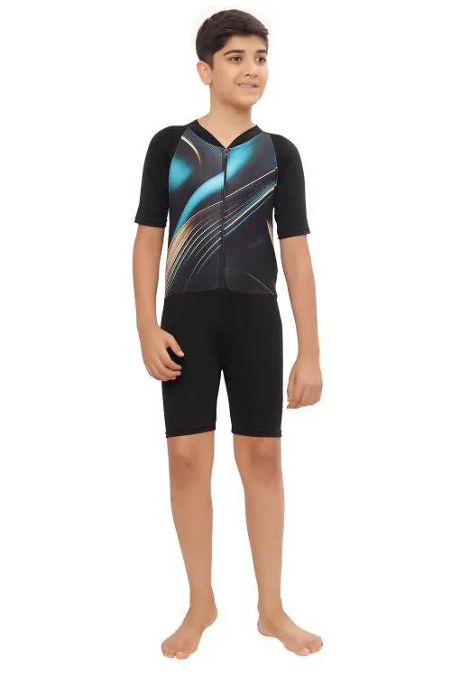 BOSKY SWIMWEAR Boys Poly Spandex Multipurpose Wear for Swimming, Diving, Cycling - Polyester Lycra, 4-Way Stretch, Utility Style, Non-Fadeable Print (Black_40)