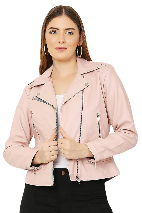 PREEGO Women Pink Solid Leather Biker Jacket
