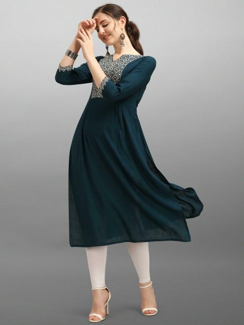 Alisi Womens Rayon Solid and Embriodered A-line Kurta (Teal)