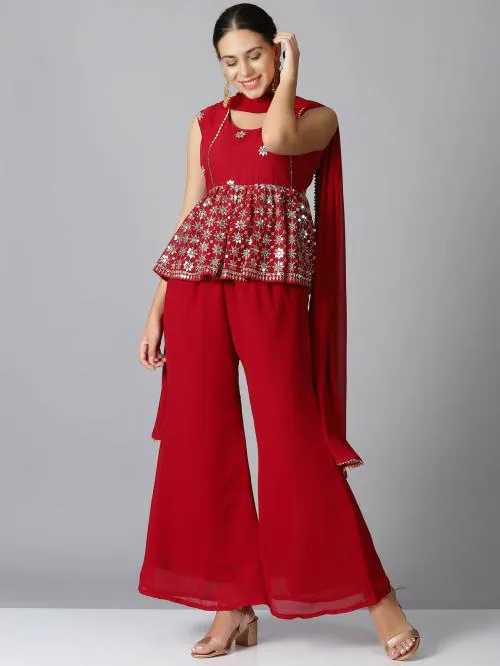 Ethnic Desire Women Red Embroidered Georgette Top And Palazzo Set (Xs)