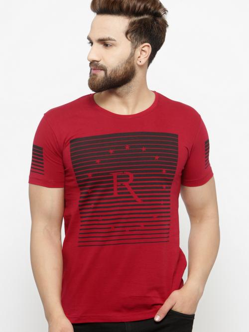 Ausk Red & Black Printed Round Neck Half Sleeve Casual T-Shirt