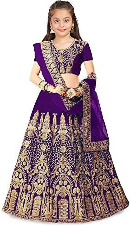 Dholazon Girls Purple Embroidered Satin Blend Ethnic Wear Lehenga With Choli And Dupatta Set (10-11 Years)