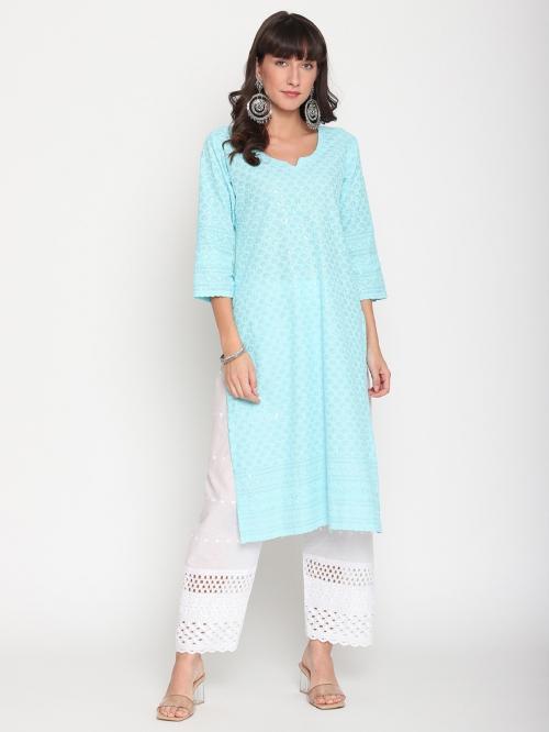 Queenley Women Sky blue Cotton Straight Knee Length Chikankari Kurti