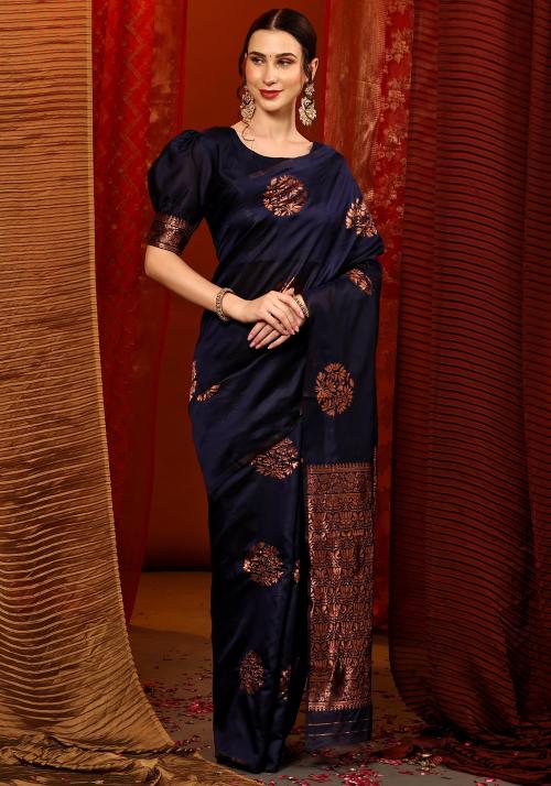 IrisTheStudio Women Dark Blue Jacquard, Silk Blend Self Design, Embellished, Woven Mysore Saree - Stdprsd219