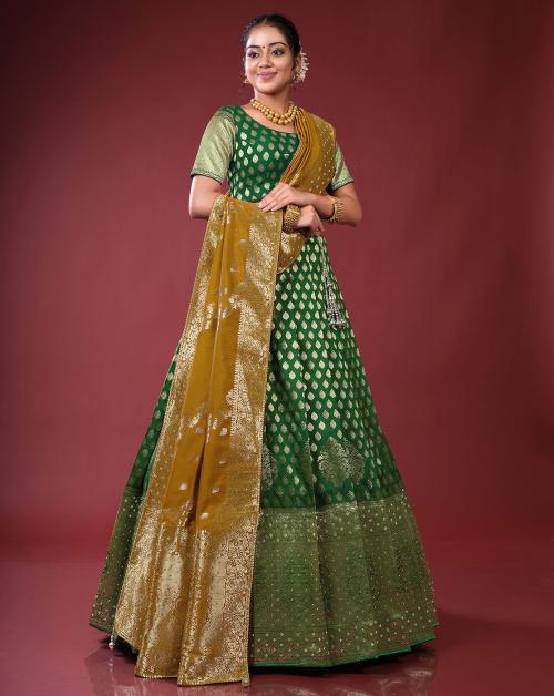 HALFSAREE STUDIO Green and Mustard Banarasi Silk Zari Work Lehenga Choli